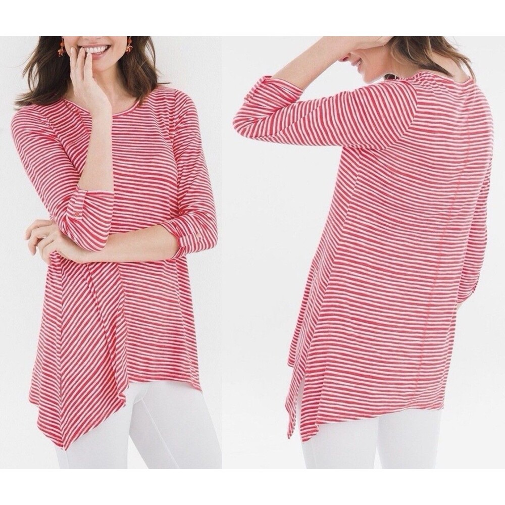 Zenergy by Chico's 2 Striped Tunic Top 3/4 Sleeve Asymmetric Hem Stretch Size L